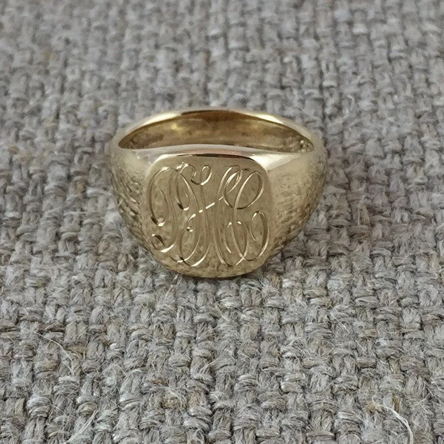 1 - 3 Initials Engraved  12mm x 11mm Cushion  -  9 Carat Yellow Gold Signet Ring