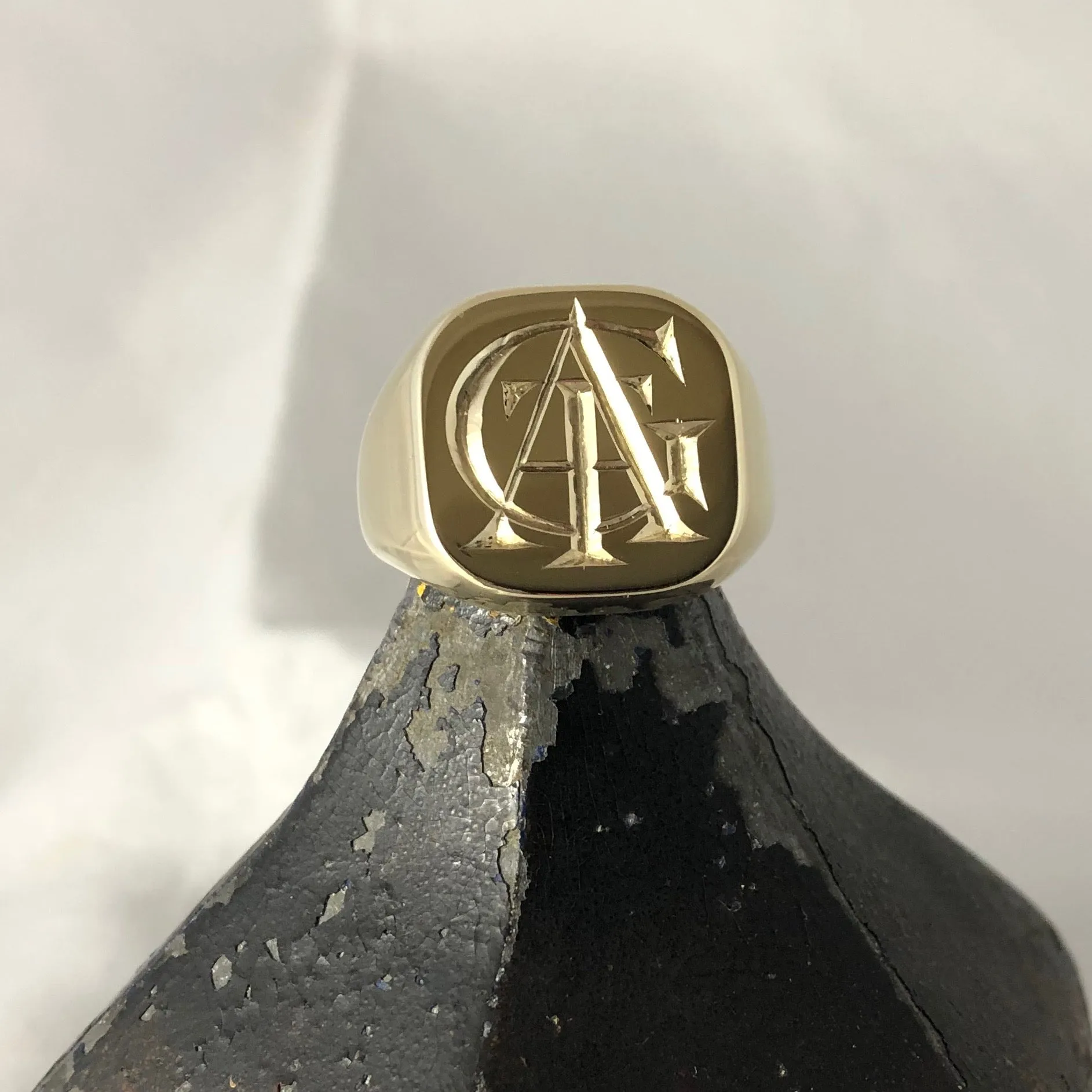 3 Initials Deep Engraved  18mm x 18mm  -   9 Carat Yellow Gold Signet Ring