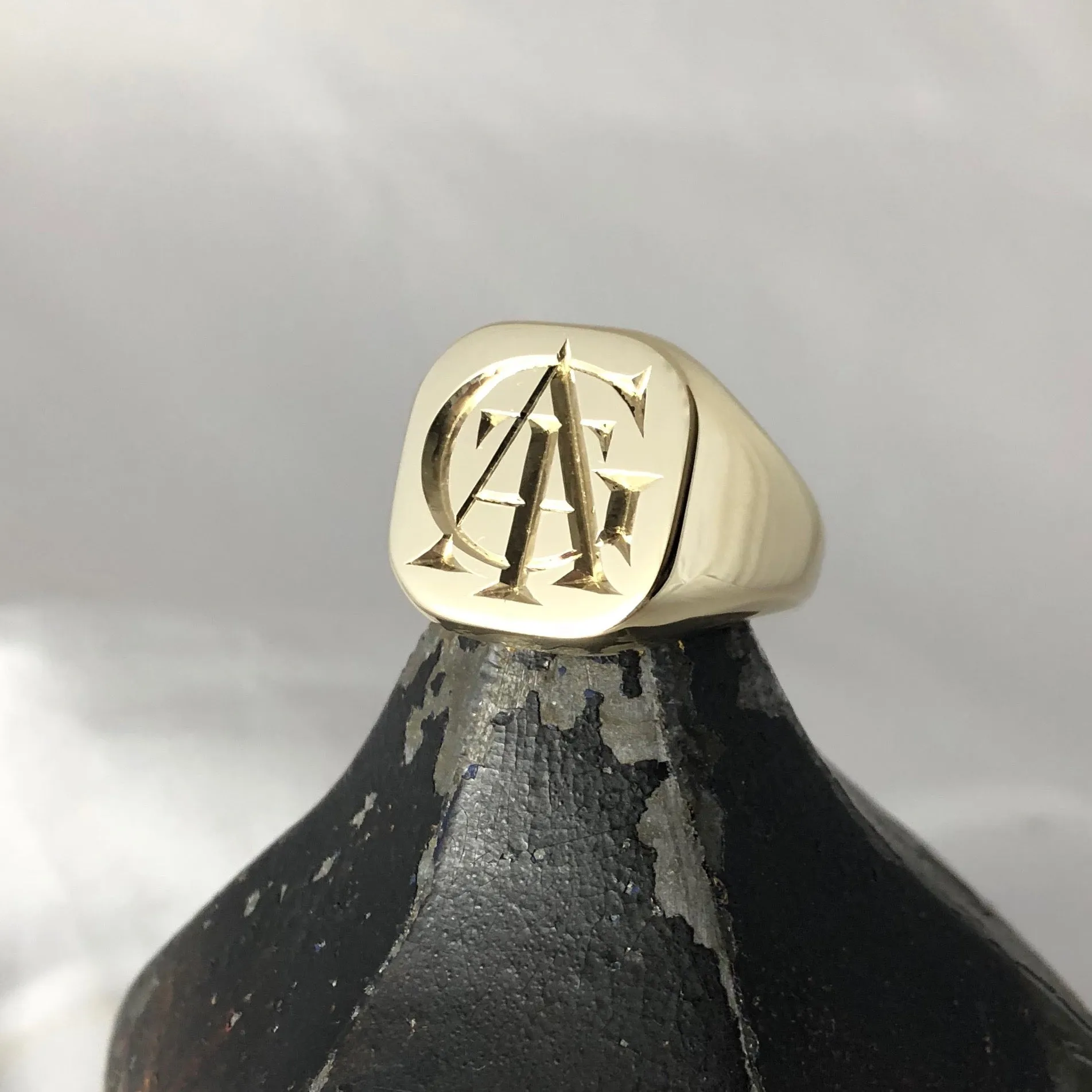 3 Initials Deep Engraved  18mm x 18mm  -   9 Carat Yellow Gold Signet Ring