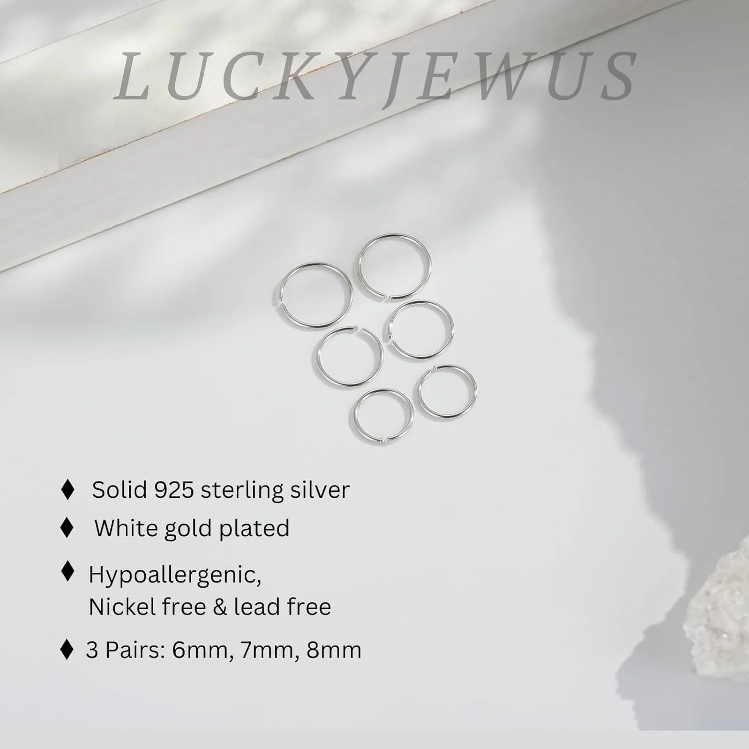 3 Pairs 925 Sterling Silver Thin Small Hoop Earrings for Women - 14K White Gold Plated Tiny Cartilage Hoop earring, Nose Rings Hoops, Mini Helix Piercing Jewelry, Dainty Tragus Earrings, 6mm 7mm 8mm