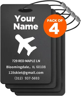 4 PCS Personalized Luggage Tags, Engraved Aluminum Luggage Tag, Custom Luggage Tag for Bag Id, Custom Suitcase Tag, Backpack Tag, Personalized Name Tags for Travel (Black)