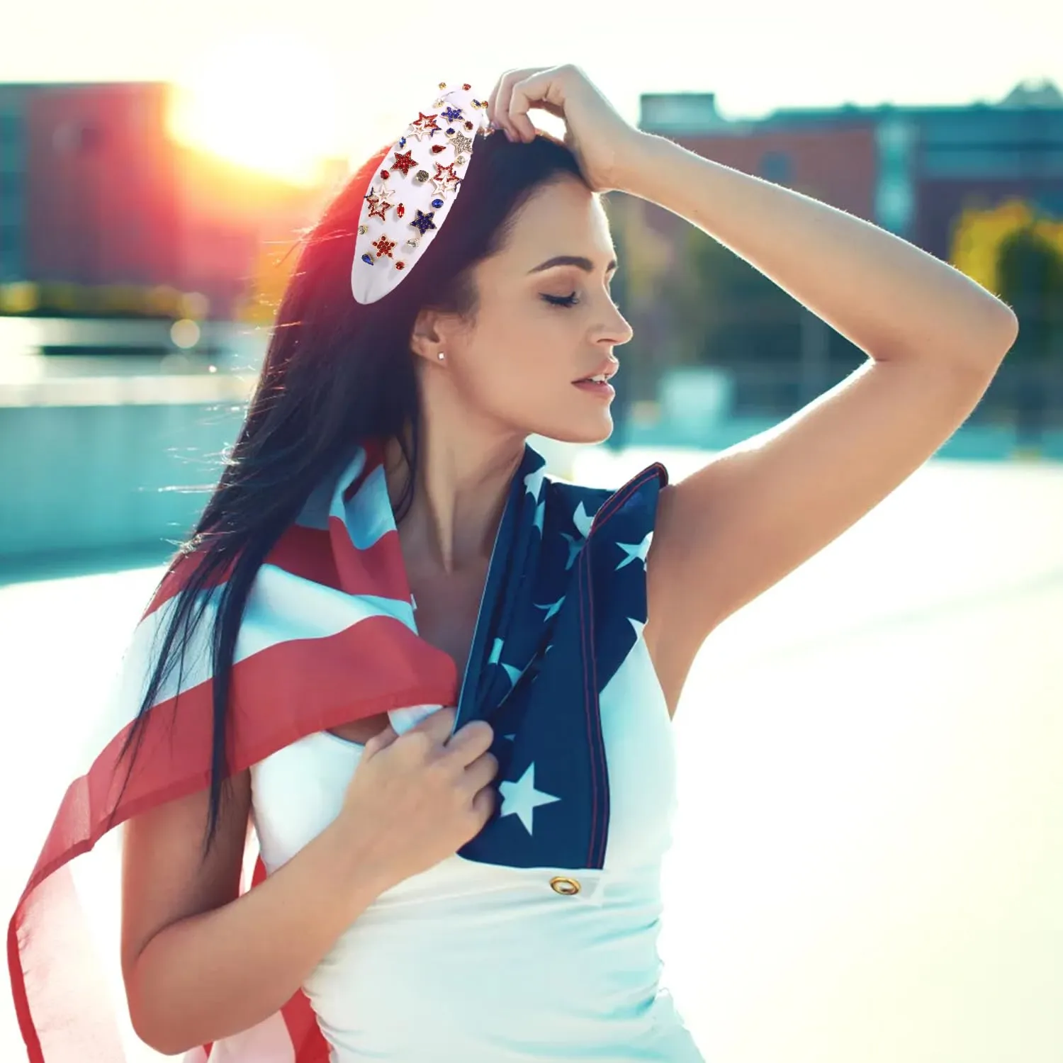 4th of July Headbands for Women, USA Embellished Knotted Headband, Rhinestone Pearl Beads, American Flag Patriotic Hair Accessories, Holiday Gifts (Star C-White, White, Blue, Red)