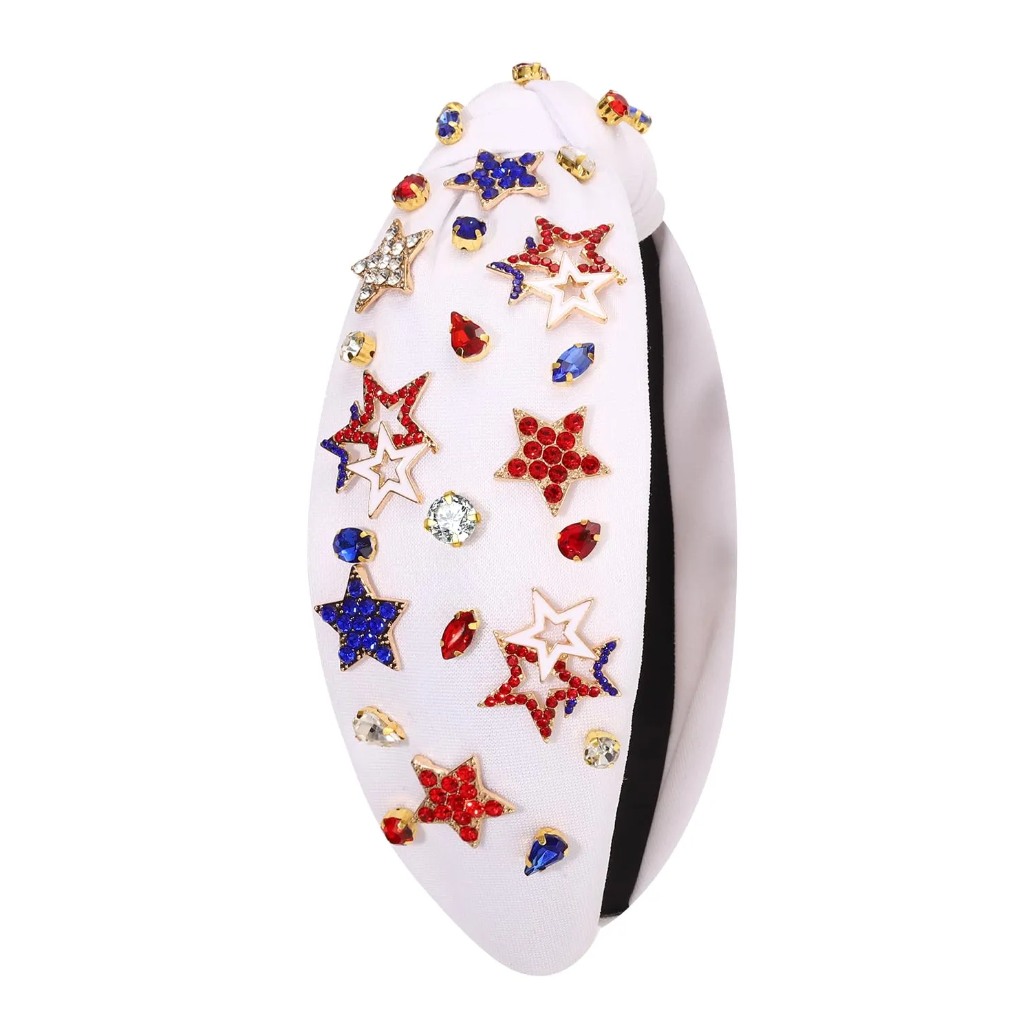 4th of July Headbands for Women, USA Embellished Knotted Headband, Rhinestone Pearl Beads, American Flag Patriotic Hair Accessories, Holiday Gifts (Star C-White, White, Blue, Red)
