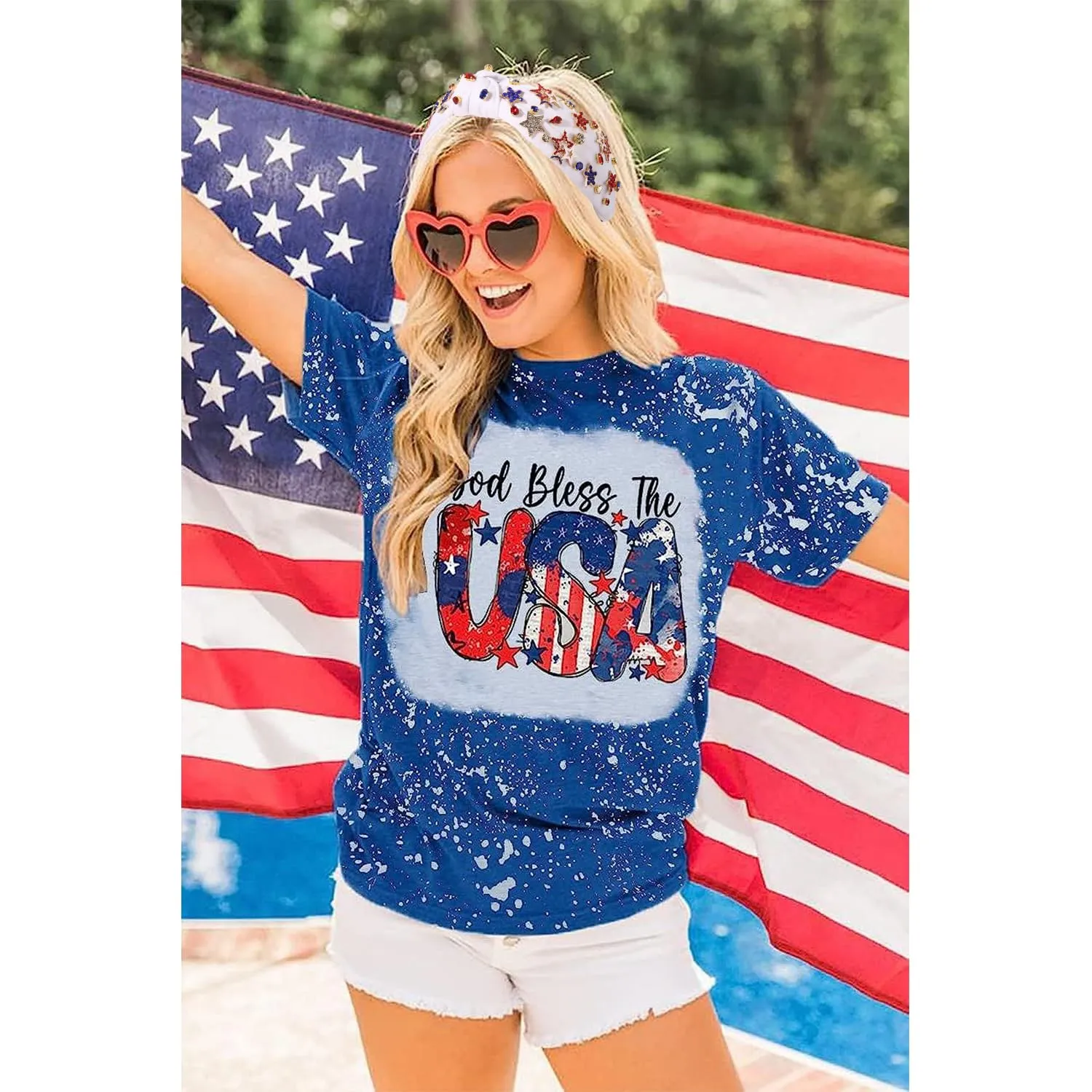 4th of July Headbands for Women, USA Embellished Knotted Headband, Rhinestone Pearl Beads, American Flag Patriotic Hair Accessories, Holiday Gifts (Star C-White, White, Blue, Red)