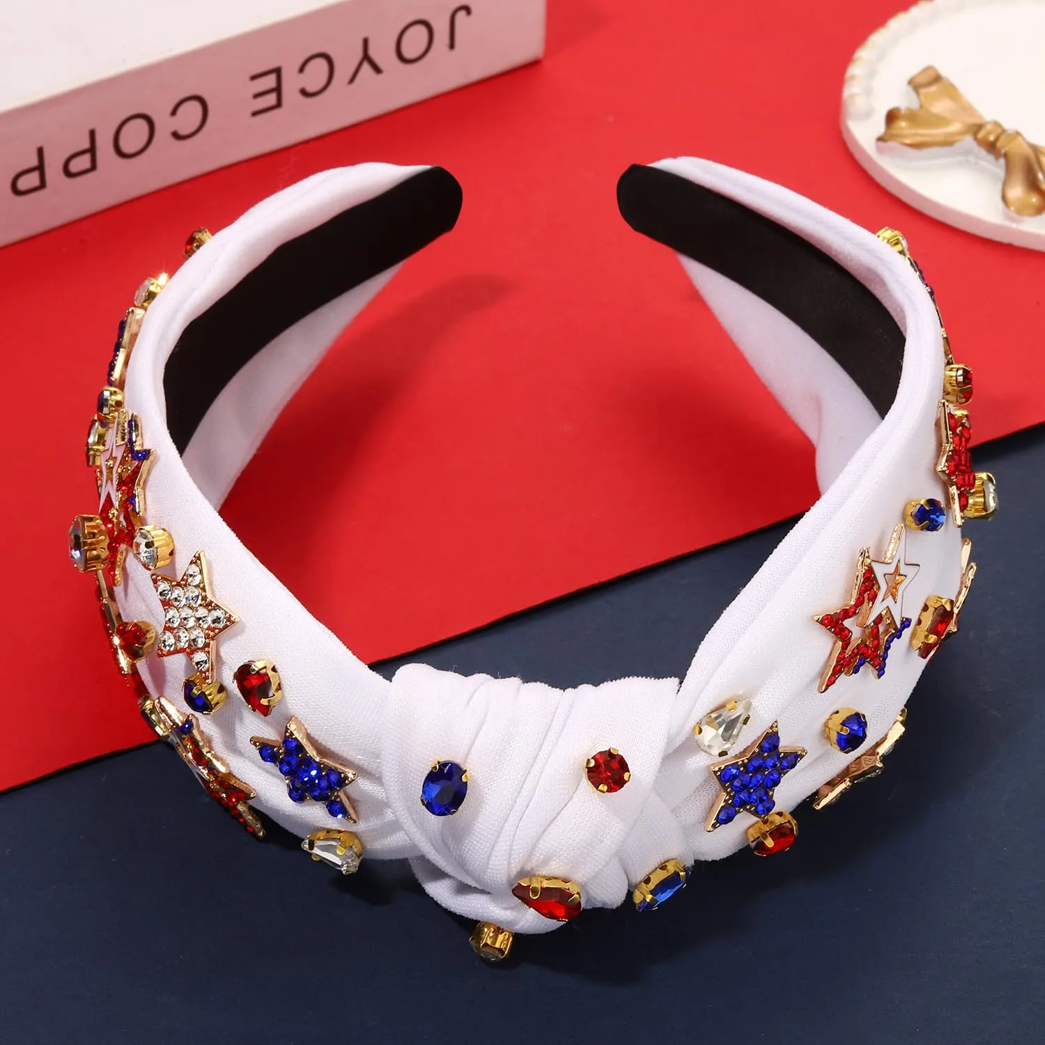 4th of July Headbands for Women, USA Embellished Knotted Headband, Rhinestone Pearl Beads, American Flag Patriotic Hair Accessories, Holiday Gifts (Star C-White, White, Blue, Red)