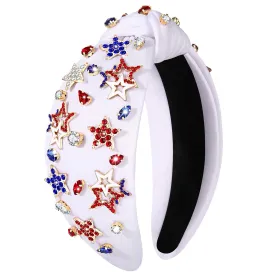 4th of July Headbands for Women, USA Embellished Knotted Headband, Rhinestone Pearl Beads, American Flag Patriotic Hair Accessories, Holiday Gifts (Star C-White, White, Blue, Red)