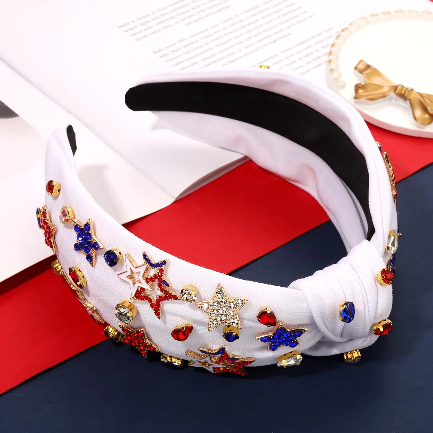 4th of July Headbands for Women, USA Embellished Knotted Headband, Rhinestone Pearl Beads, American Flag Patriotic Hair Accessories, Holiday Gifts (Star C-White, White, Blue, Red)
