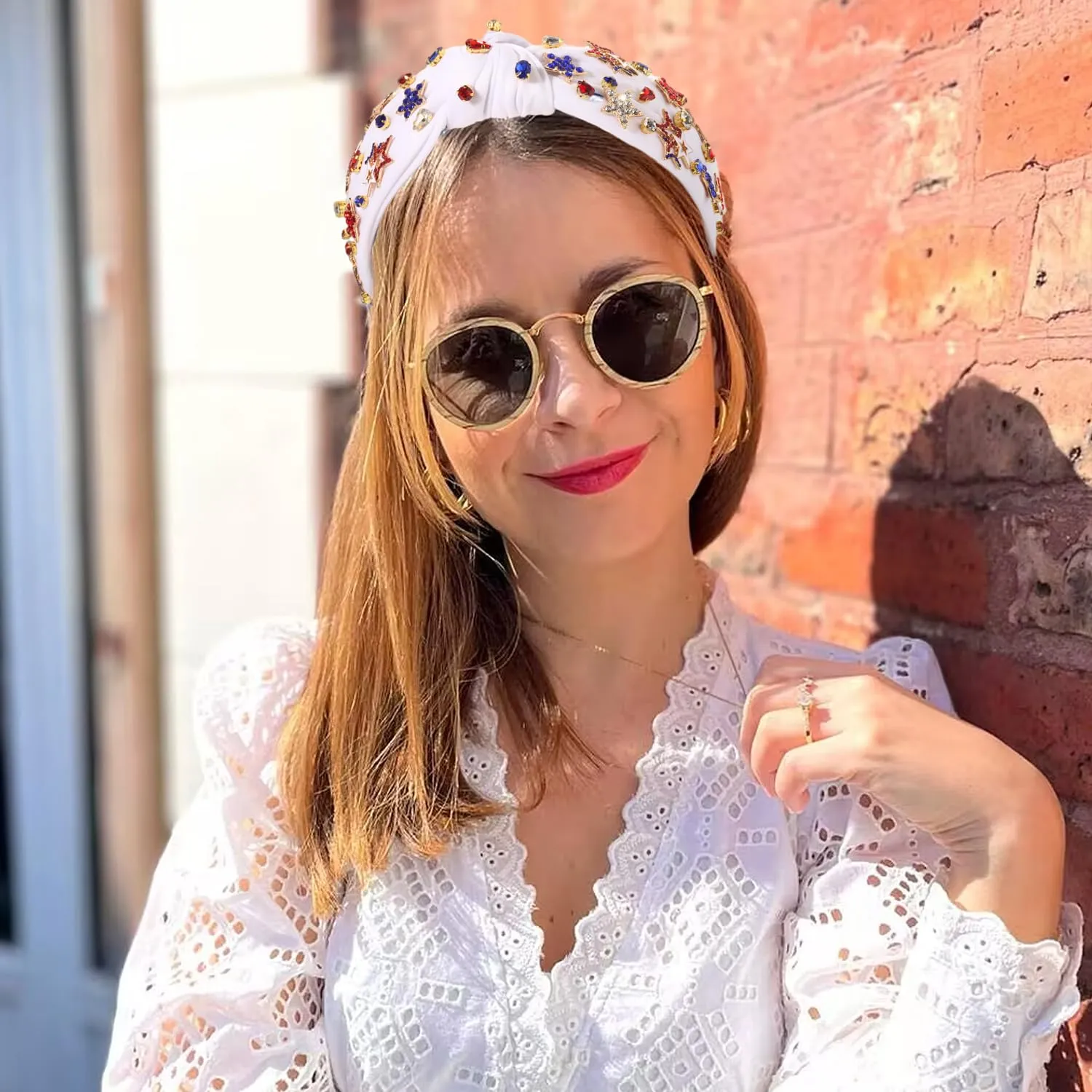 4th of July Headbands for Women, USA Embellished Knotted Headband, Rhinestone Pearl Beads, American Flag Patriotic Hair Accessories, Holiday Gifts (Star C-White, White, Blue, Red)