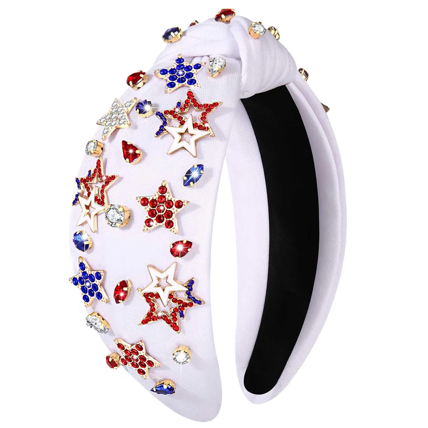4th of July Headbands for Women, USA Embellished Knotted Headband, Rhinestone Pearl Beads, American Flag Patriotic Hair Accessories, Holiday Gifts (Star C-White, White, Blue, Red)