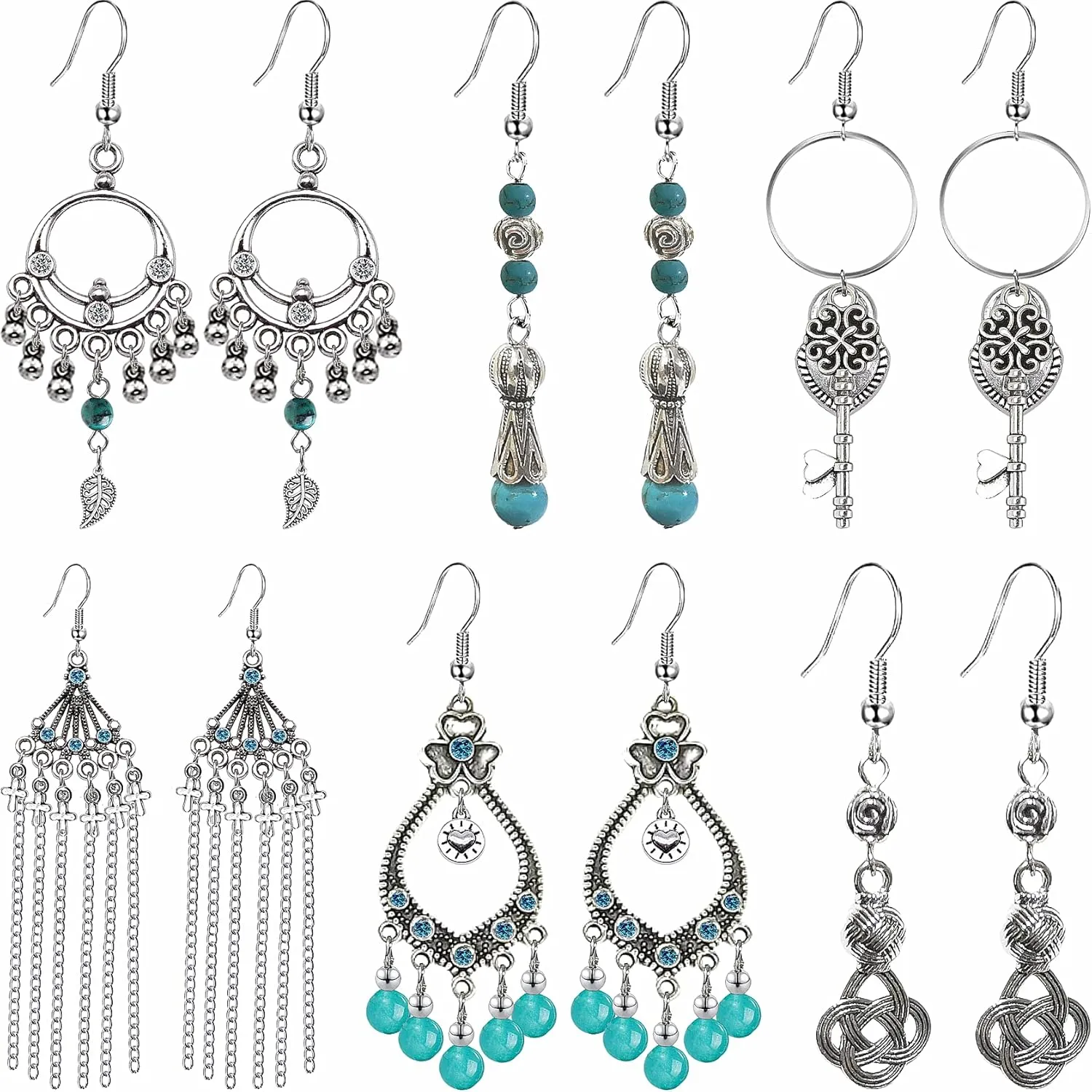 6 Pairs Boho Earrings for Women Vintage Metal Tassel Dangle Earrings Bohemian Cubic Zirconia Elegant Jewelry Set
