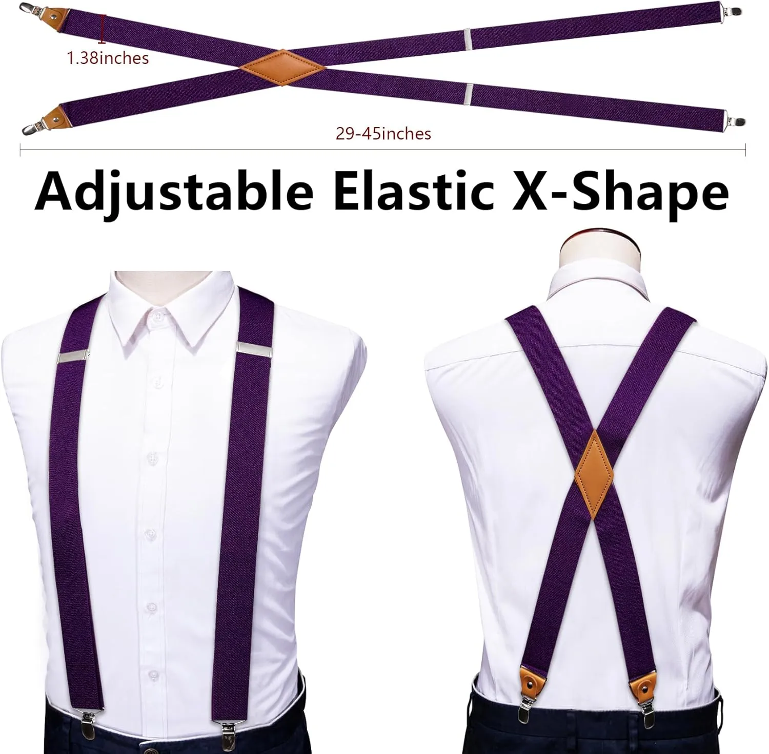 Barry.Wang Solid Suspenders and Silk Tie Sets for Men Adjustable X-Back 6 Clips Wedding Necktie Pocket Square Tie Clip 4PCS