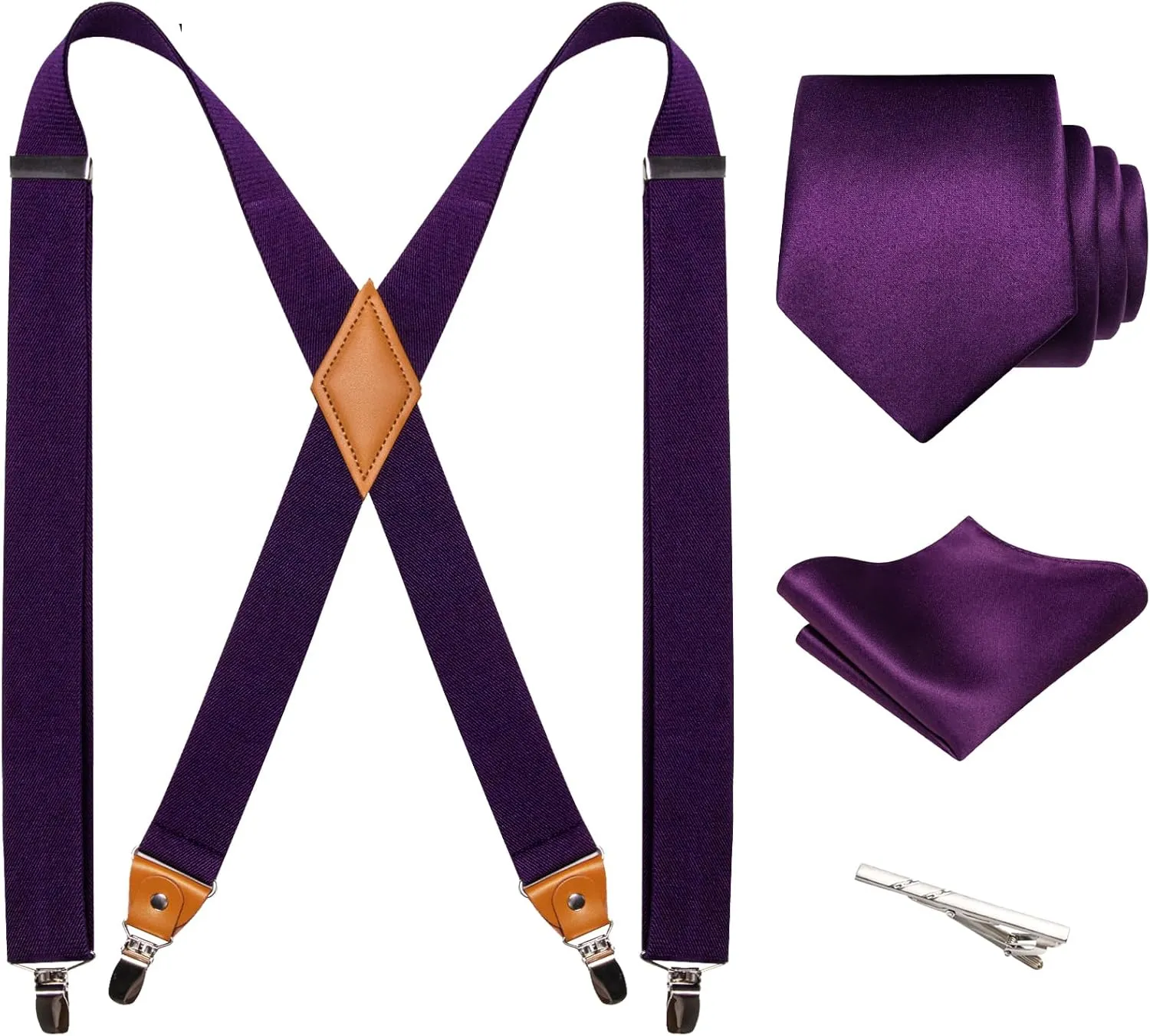 Barry.Wang Solid Suspenders and Silk Tie Sets for Men Adjustable X-Back 6 Clips Wedding Necktie Pocket Square Tie Clip 4PCS