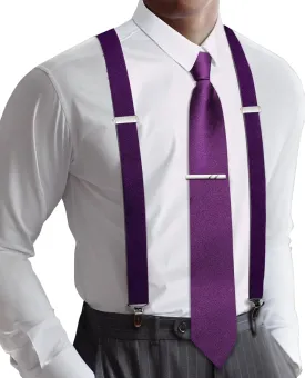 Barry.Wang Solid Suspenders and Silk Tie Sets for Men Adjustable X-Back 6 Clips Wedding Necktie Pocket Square Tie Clip 4PCS