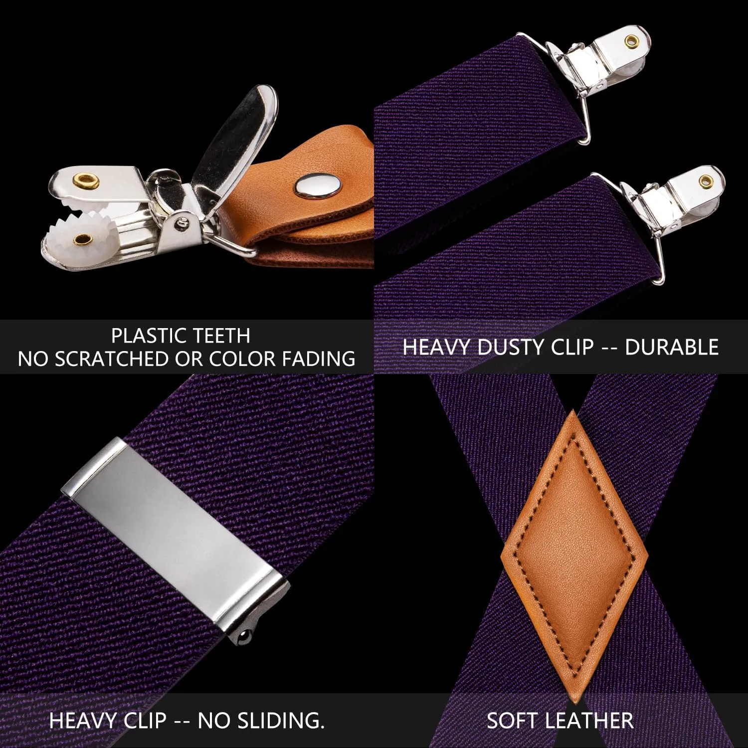 Barry.Wang Solid Suspenders and Silk Tie Sets for Men Adjustable X-Back 6 Clips Wedding Necktie Pocket Square Tie Clip 4PCS