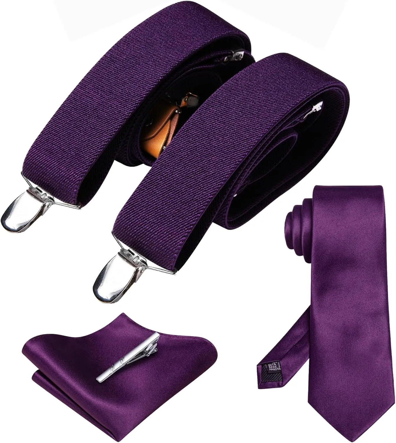 Barry.Wang Solid Suspenders and Silk Tie Sets for Men Adjustable X-Back 6 Clips Wedding Necktie Pocket Square Tie Clip 4PCS