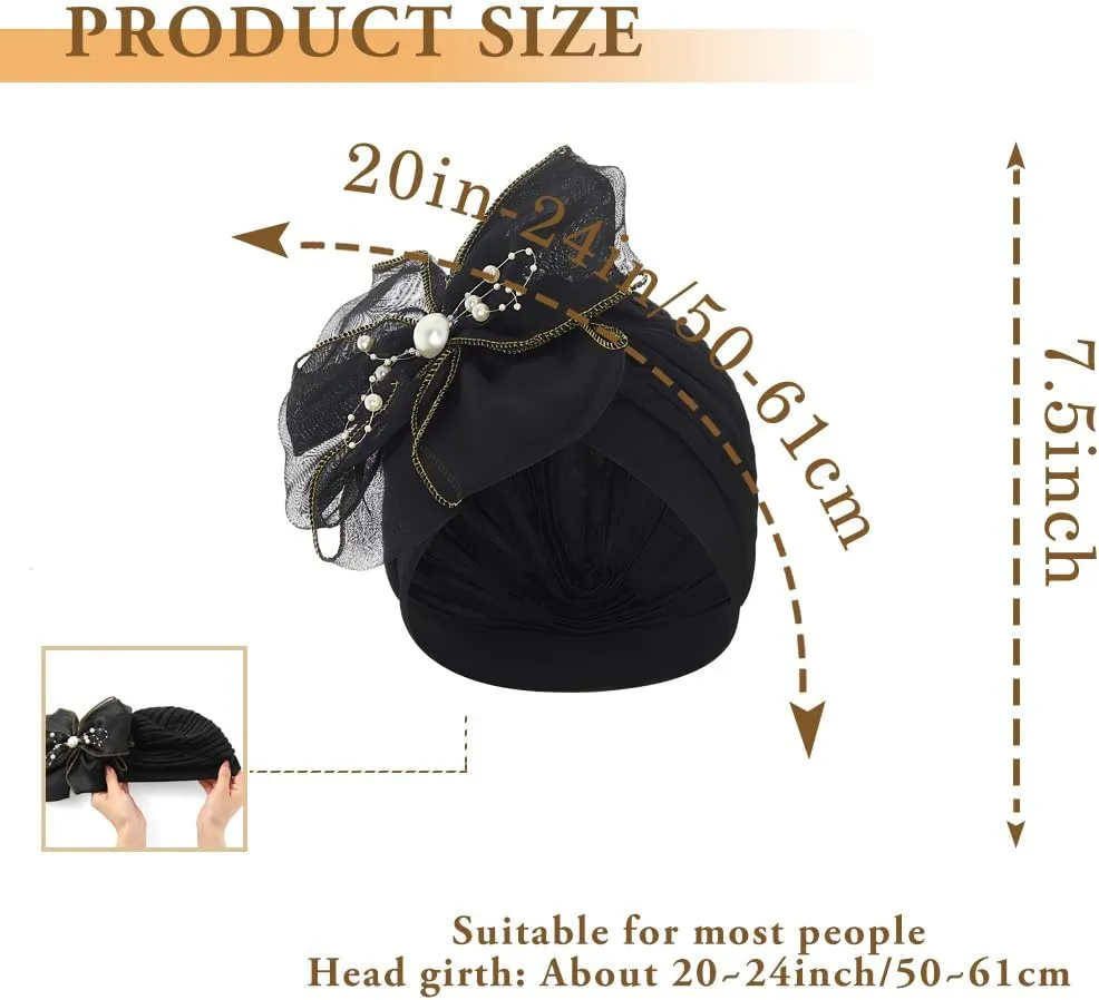Bohend Big Flower Knotted Headwrap Cap Pearl Beads Pre Tied Turbans Beanie Bow Knot Bonnet Ruffle Stretch Headscarf Hat Women