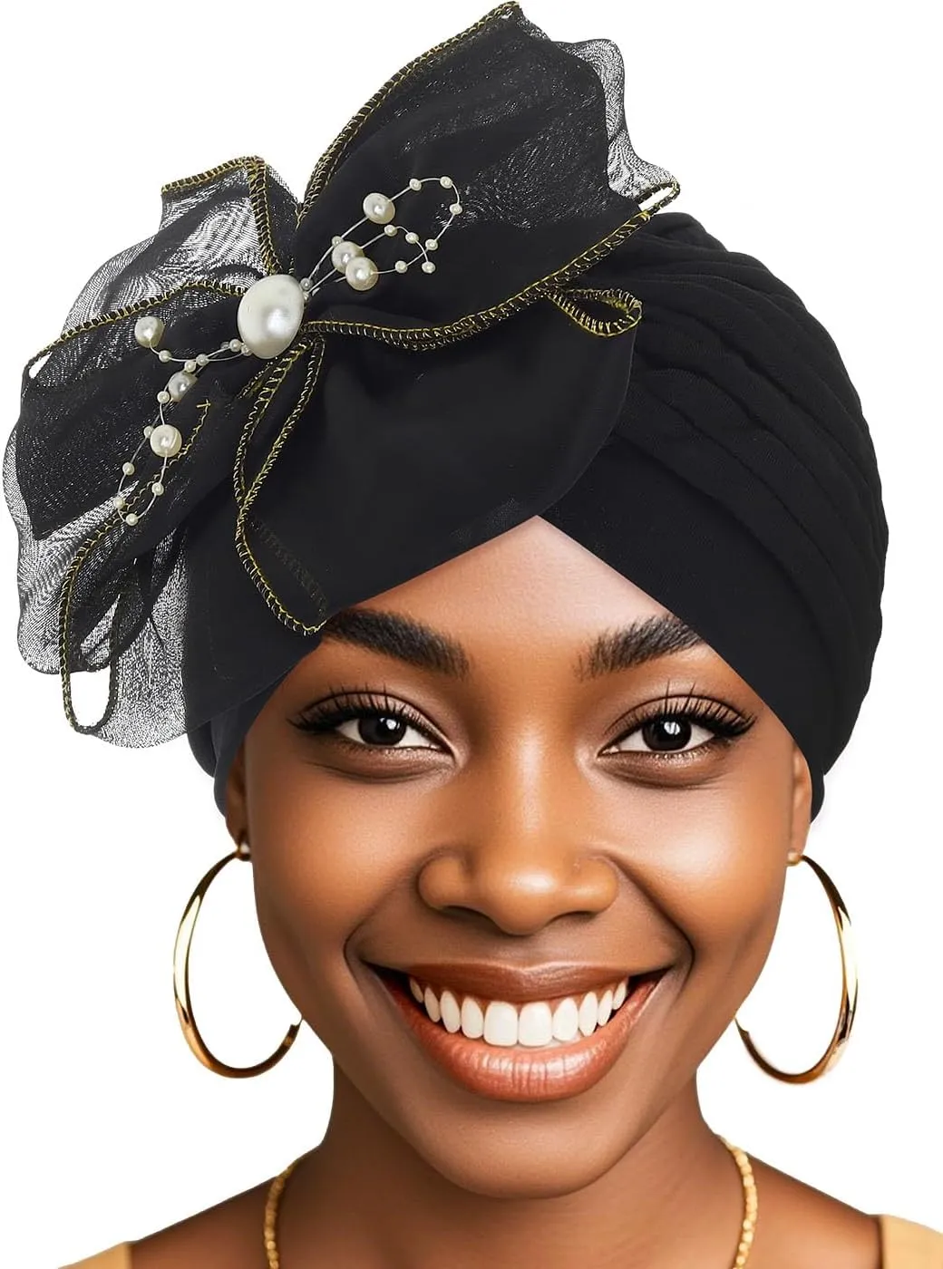 Bohend Big Flower Knotted Headwrap Cap Pearl Beads Pre Tied Turbans Beanie Bow Knot Bonnet Ruffle Stretch Headscarf Hat Women