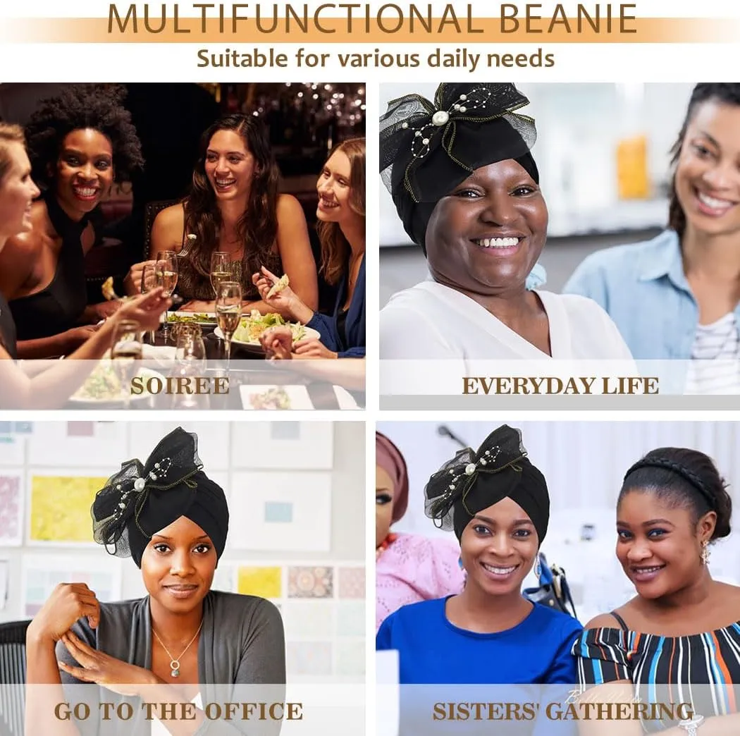 Bohend Big Flower Knotted Headwrap Cap Pearl Beads Pre Tied Turbans Beanie Bow Knot Bonnet Ruffle Stretch Headscarf Hat Women