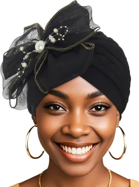 Bohend Big Flower Knotted Headwrap Cap Pearl Beads Pre Tied Turbans Beanie Bow Knot Bonnet Ruffle Stretch Headscarf Hat Women