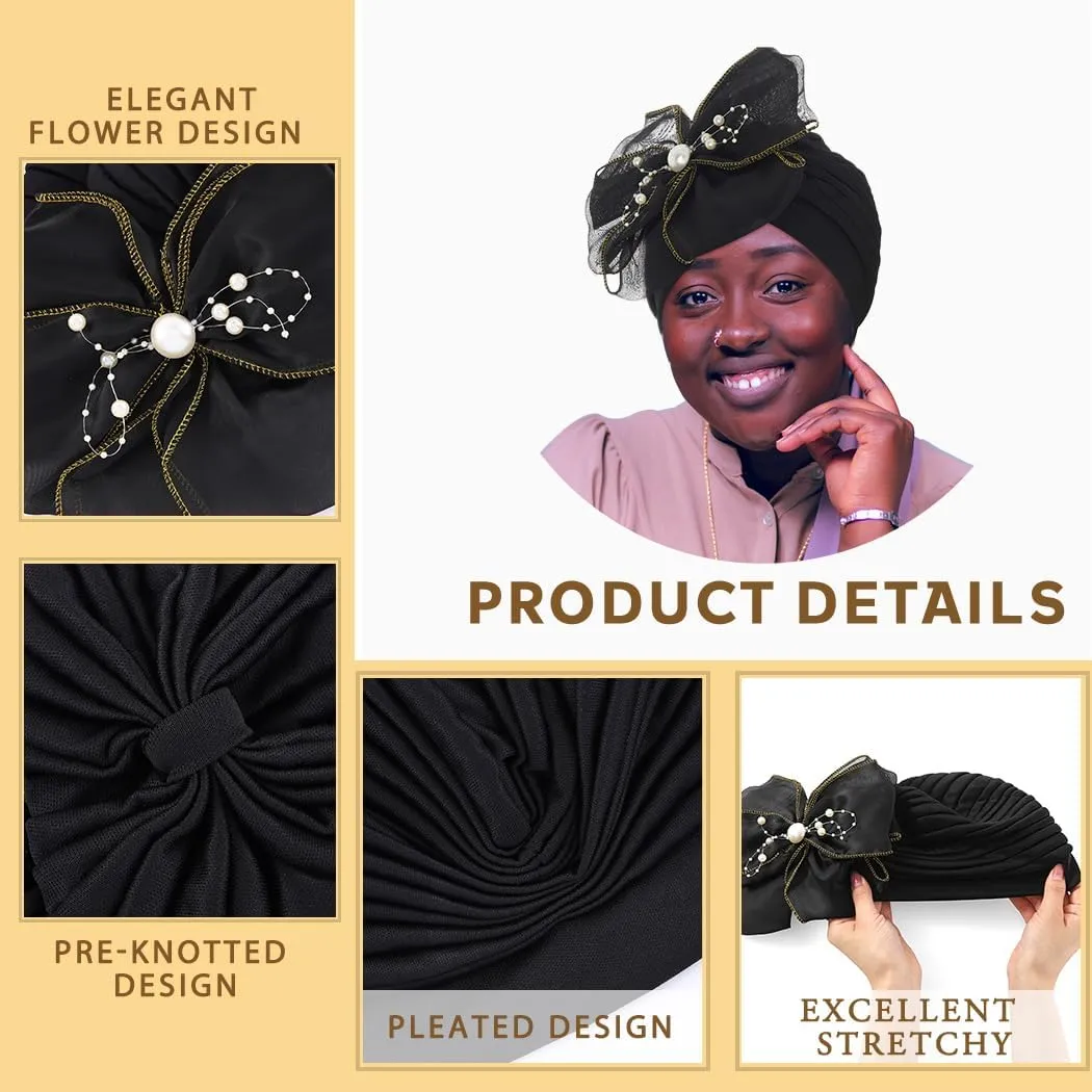 Bohend Big Flower Knotted Headwrap Cap Pearl Beads Pre Tied Turbans Beanie Bow Knot Bonnet Ruffle Stretch Headscarf Hat Women