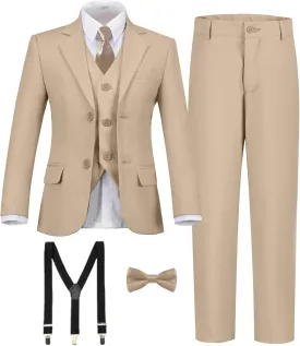 Boy's Formal Suit 7 Piece Slim Fit Tuxedo for Kids Teen Boys Jacket Vest and Pants Set for Wedding with Bow Tie Suspenders