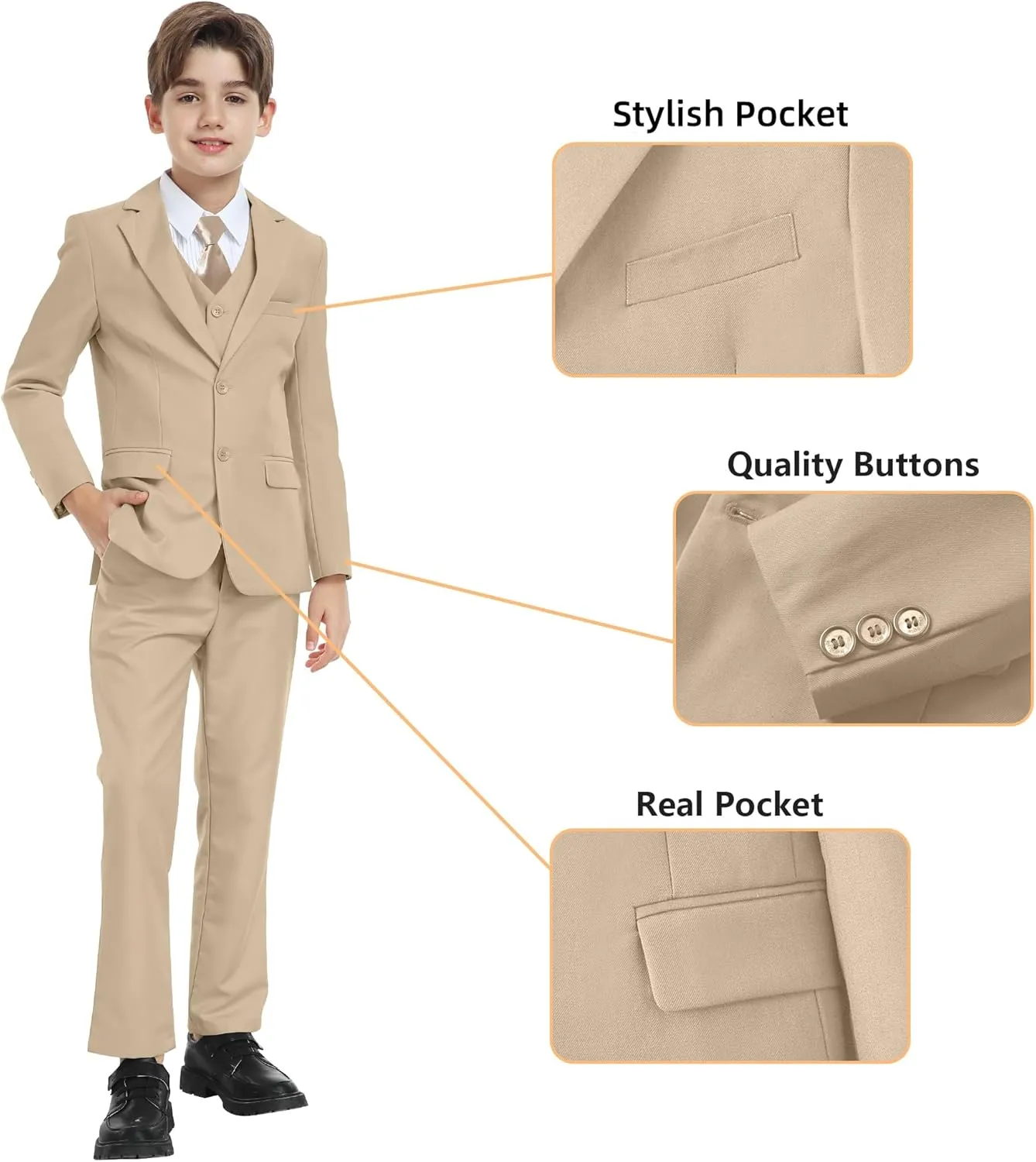 Boy's Formal Suit 7 Piece Slim Fit Tuxedo for Kids Teen Boys Jacket Vest and Pants Set for Wedding with Bow Tie Suspenders