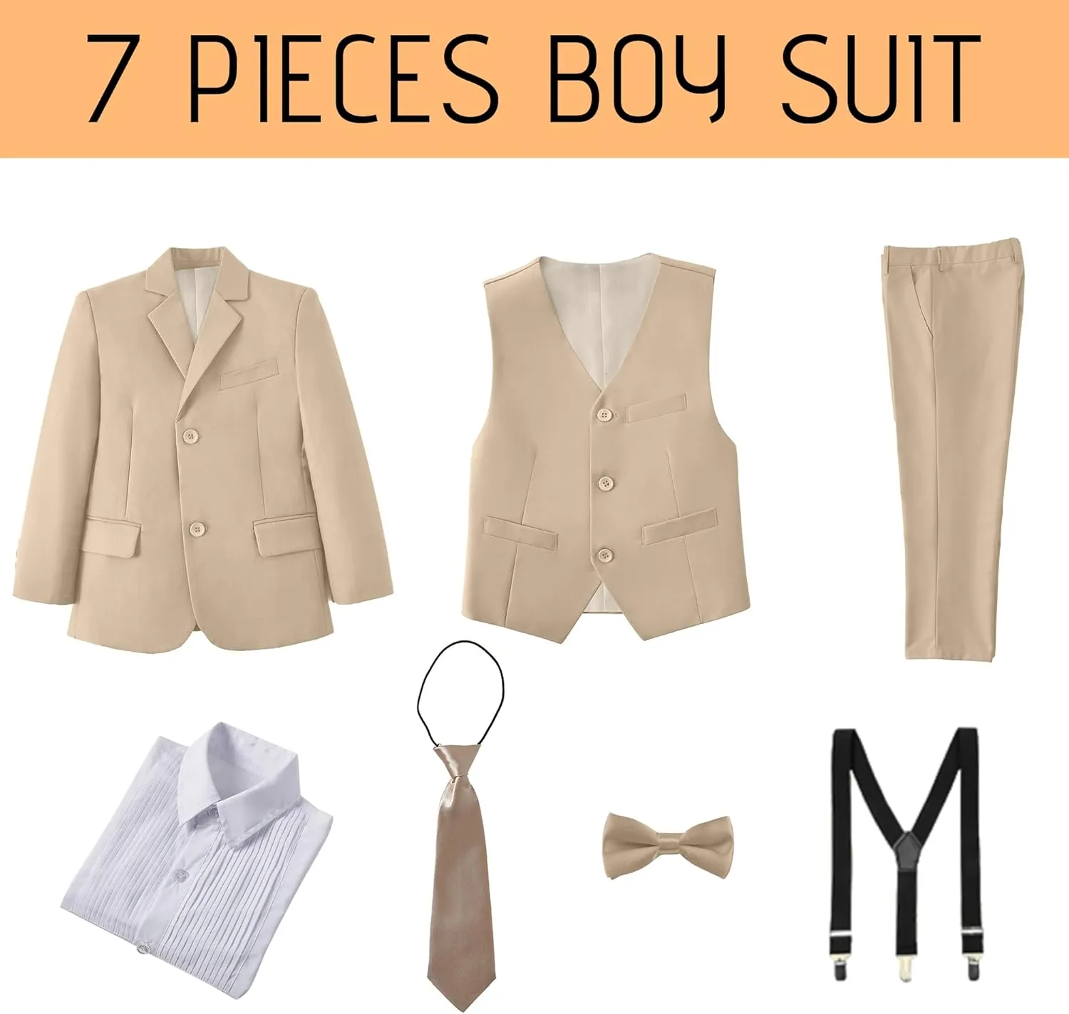 Boy's Formal Suit 7 Piece Slim Fit Tuxedo for Kids Teen Boys Jacket Vest and Pants Set for Wedding with Bow Tie Suspenders