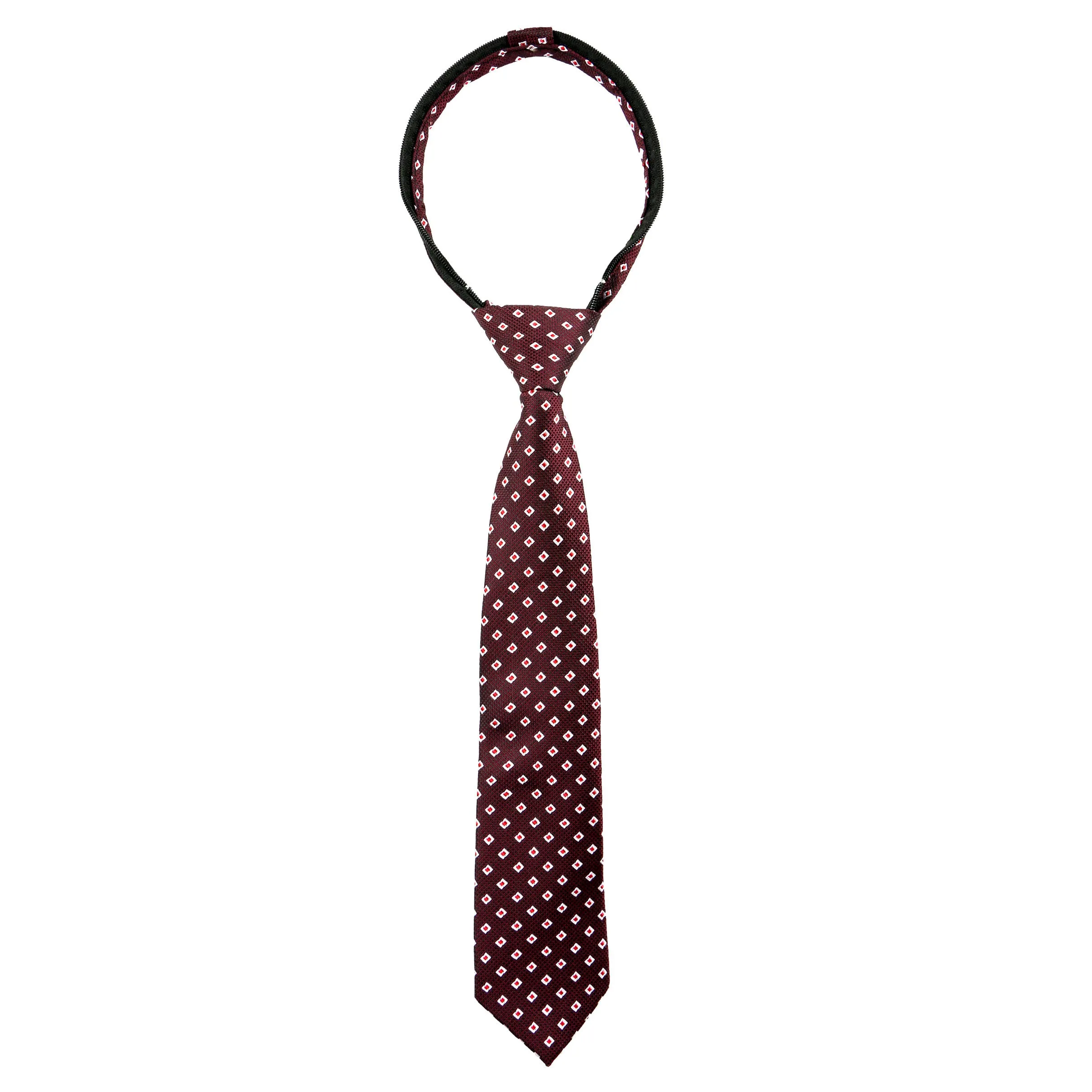 Boys' Pre-Tied Woven Zipper Tie, Burgundy Diamonds (Color 10)