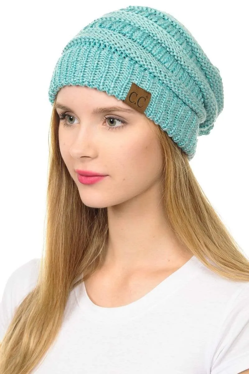 C.C Hat 20AM - Slouchy Thick Warm Cap Hat Skully Metallic Cable Knit Beanie