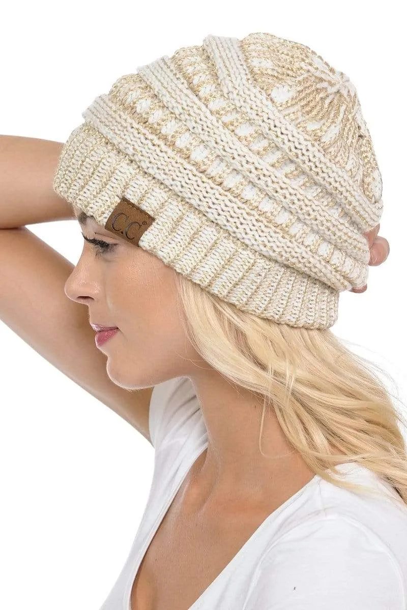 C.C Hat 20AM - Slouchy Thick Warm Cap Hat Skully Metallic Cable Knit Beanie