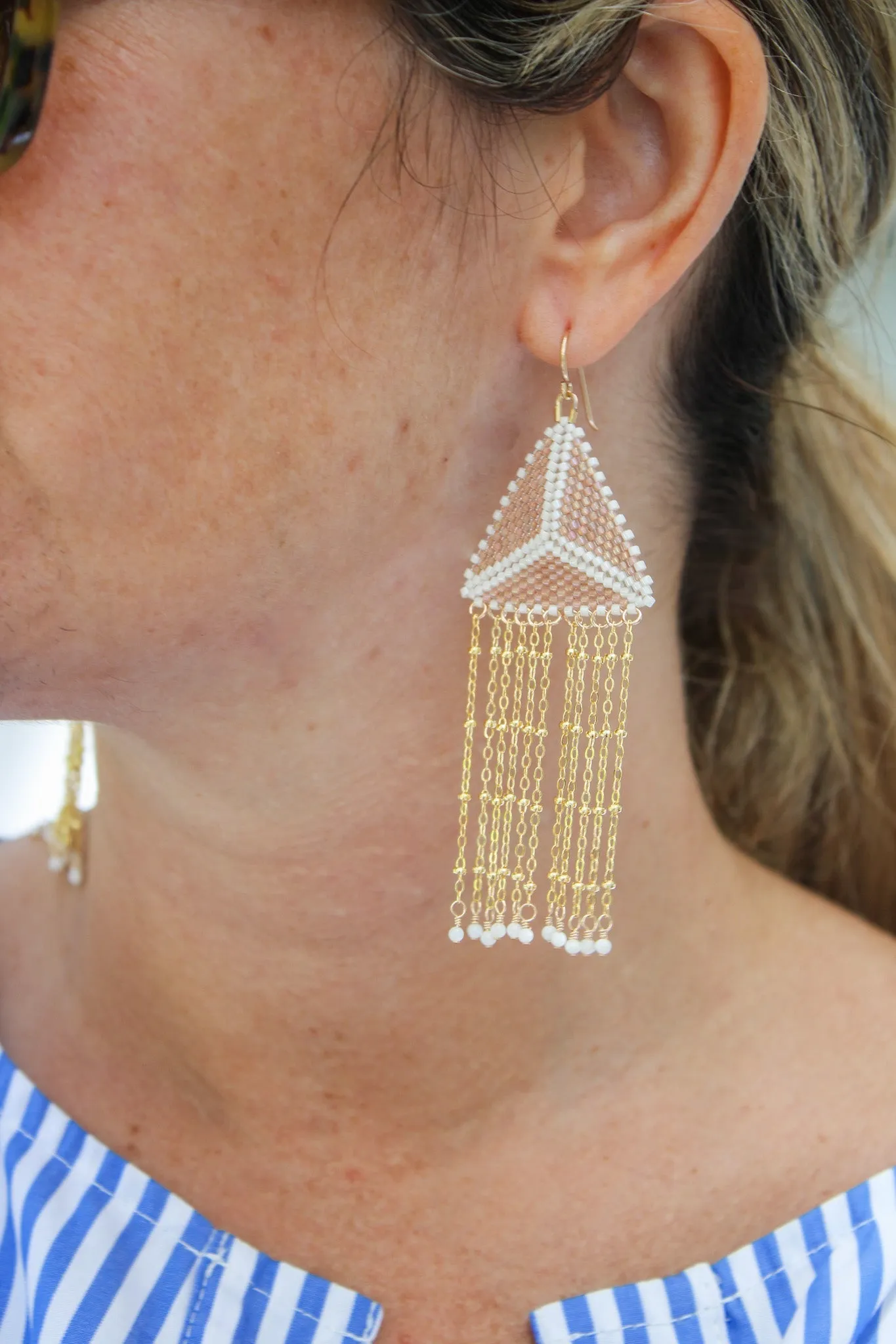 Chain Fringe Triangle Earrings - Mother of Pearl