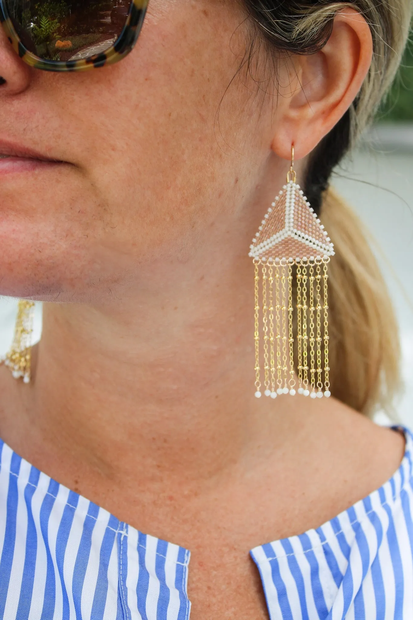Chain Fringe Triangle Earrings - Mother of Pearl