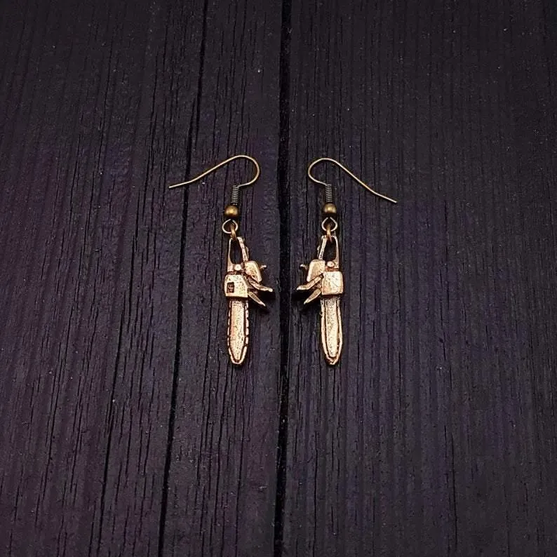 Chainsaw Dangle Earrings Solid Hand Cast Jewelers Bronze Polished Oxidised Finish Three Dimensional