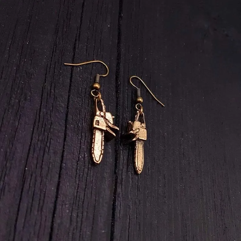 Chainsaw Dangle Earrings Solid Hand Cast Jewelers Bronze Polished Oxidised Finish Three Dimensional