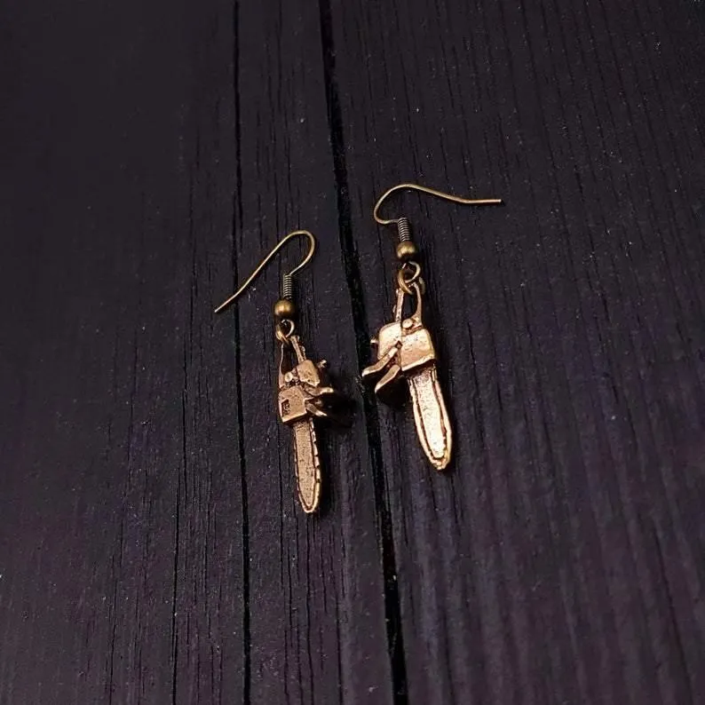 Chainsaw Dangle Earrings Solid Hand Cast Jewelers Bronze Polished Oxidised Finish Three Dimensional