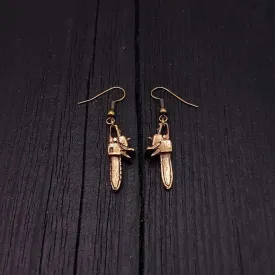 Chainsaw Dangle Earrings Solid Hand Cast Jewelers Bronze Polished Oxidised Finish Three Dimensional