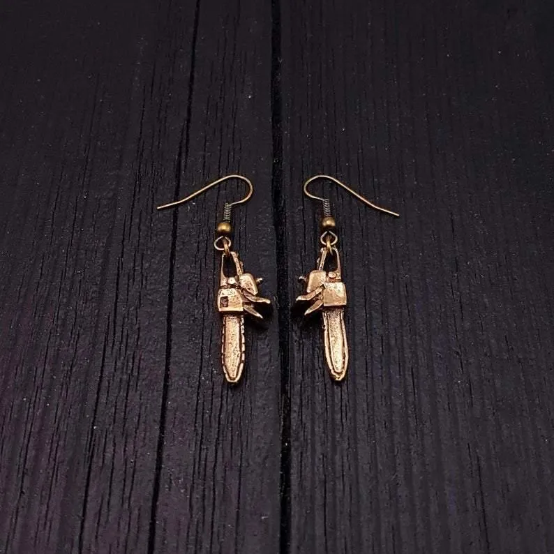 Chainsaw Dangle Earrings Solid Hand Cast Jewelers Bronze Polished Oxidised Finish Three Dimensional