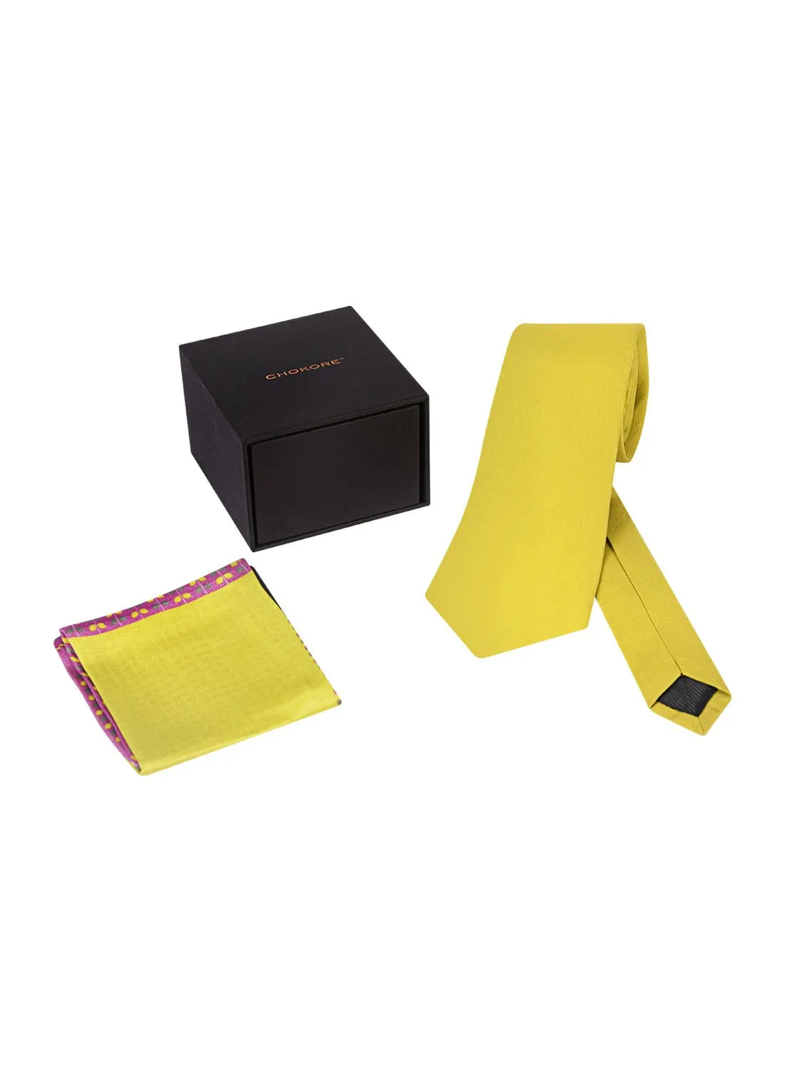 Chokore Yellow color silk tie & Two-in-one Yellow & Purple Green Silk Pocket Square set