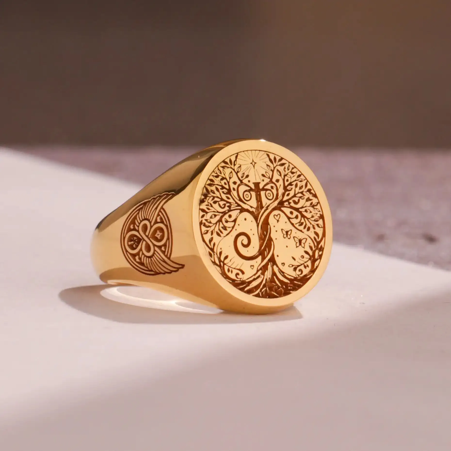 Custom Ring - Gold Coated - Recessed Design with Side Engravings