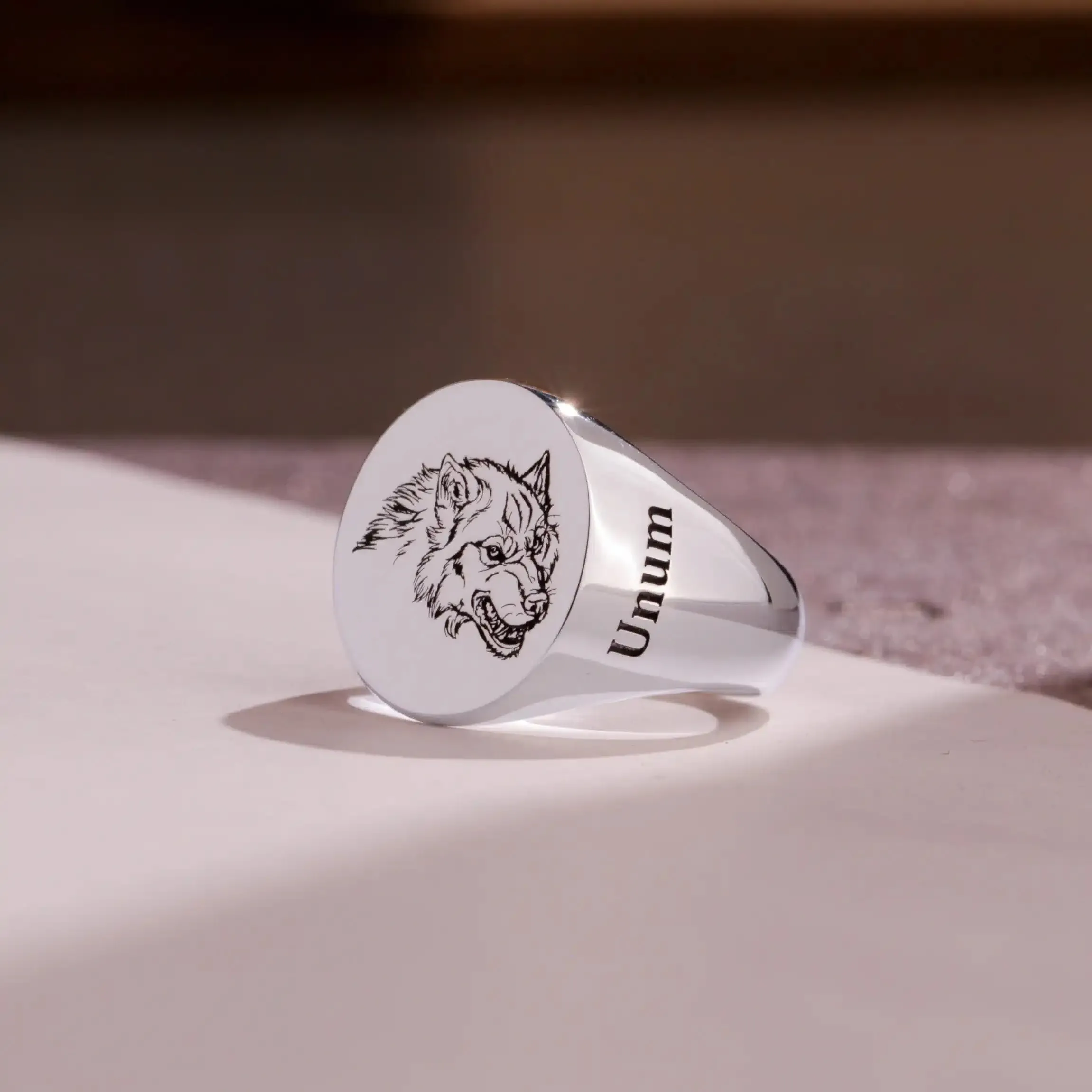 Custom Ring - White Gold Coated - Recessed Design with Black Inlay and Side Engravings