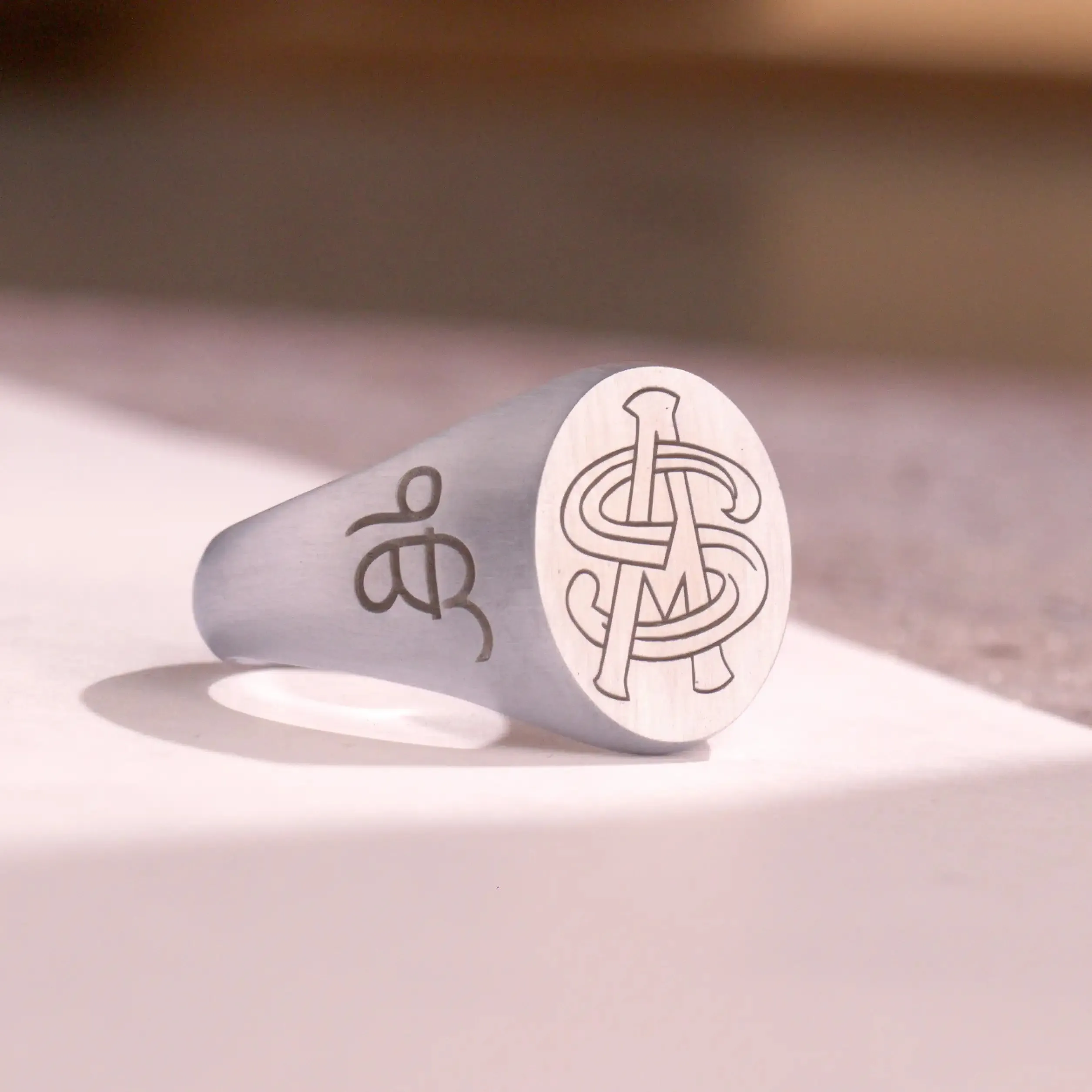 Custom Ring - White Gold Coated - Recessed Design with Side Engravings