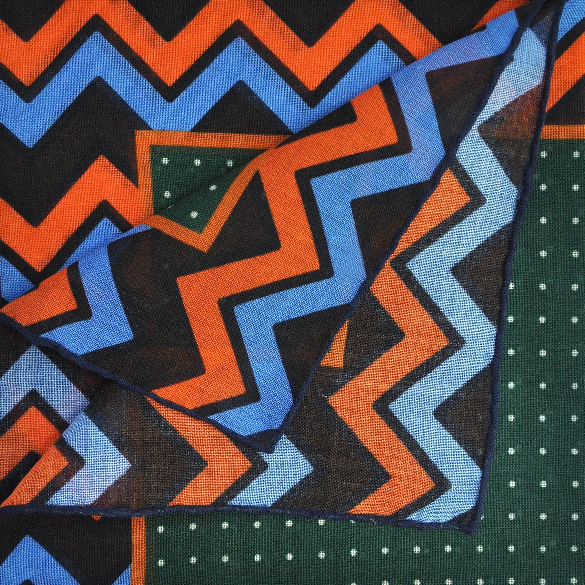 Dots & Chevrons Wool & Silk Pocket Square in Green, Orange & Blue