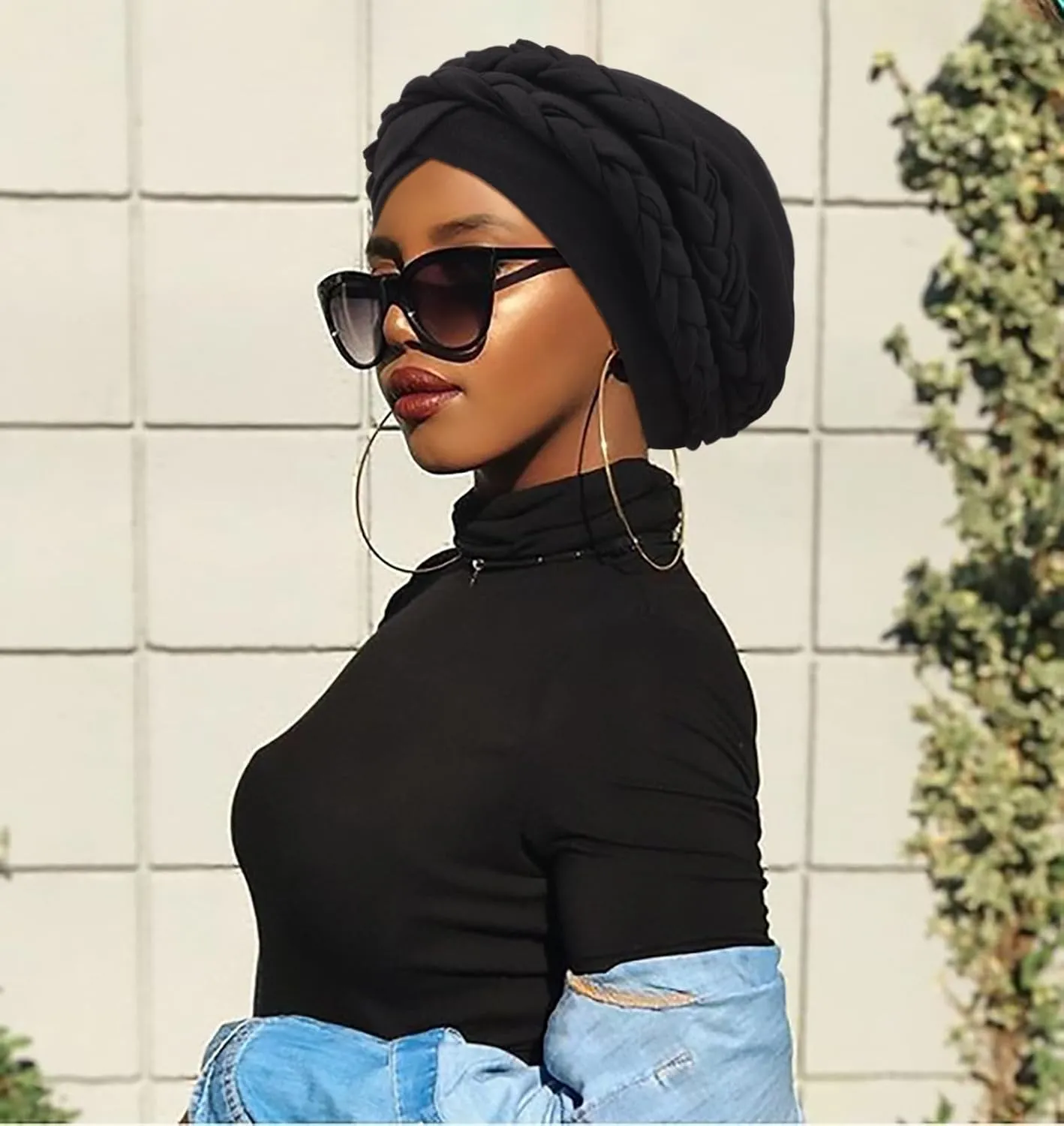 DRESHOW African Women Turban Caps Cotton Beanie Twist Headscarf Pre-Tied Double Twisted Braids Wrap Hat Chemo Cancer Cap