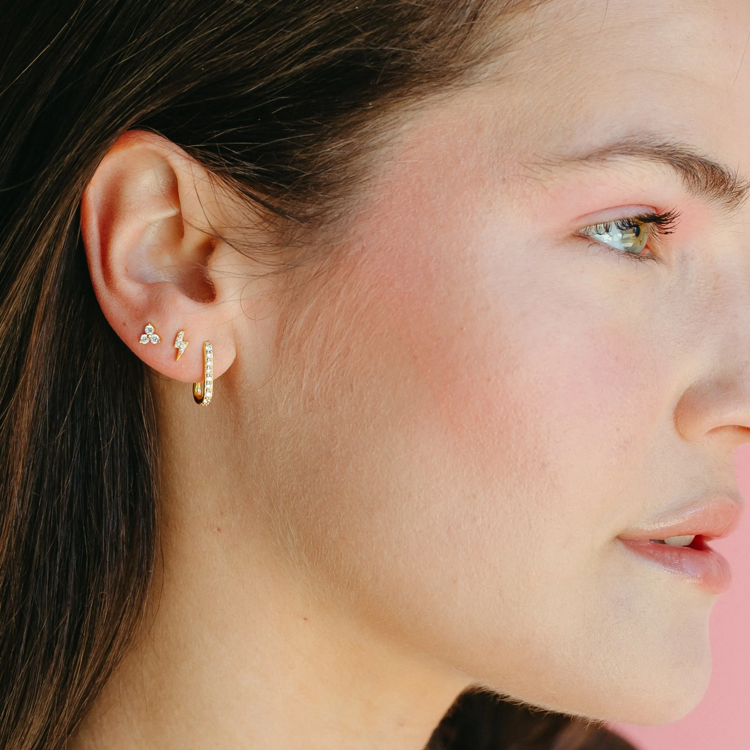 Elongated Huggie Hoops with White Crystal Pave