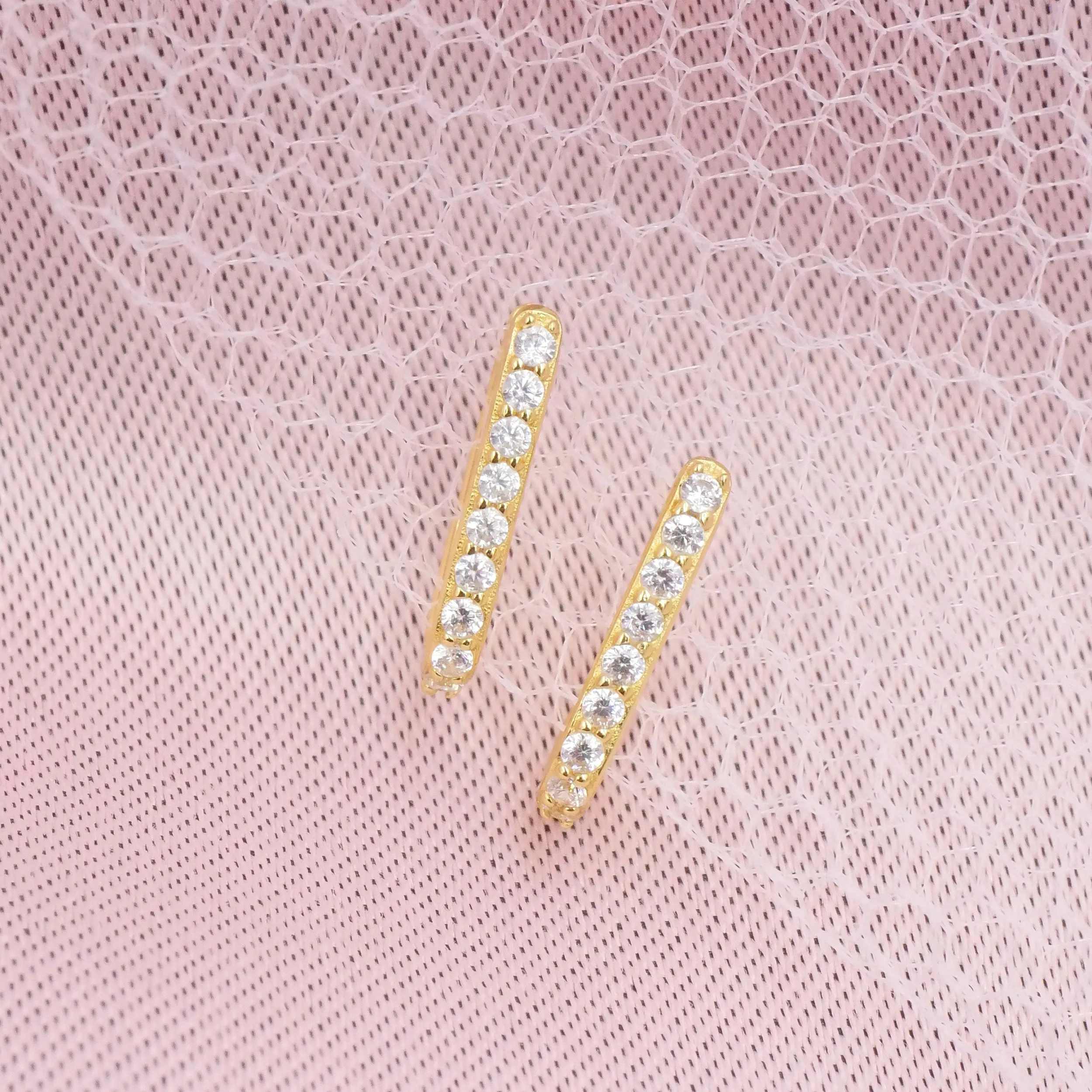 Elongated Huggie Hoops with White Crystal Pave