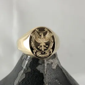 Family Coat of Arms Surface Engraved 16mm x 13mm Oval -  9 Carat Yellow Gold Signet Ring