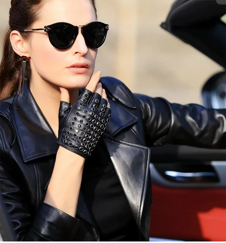 Female Spring Autumn Leather Gloves / Semi-Finger Gloves with Rhinestones in Punk style