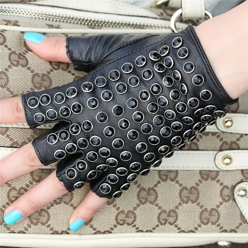Female Spring Autumn Leather Gloves / Semi-Finger Gloves with Rhinestones in Punk style