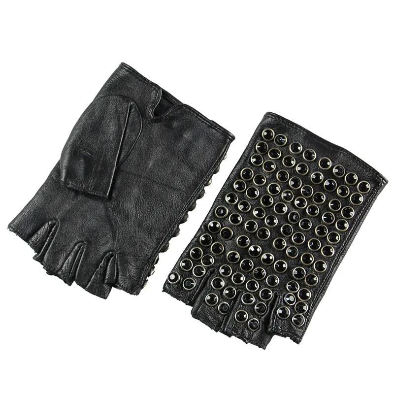 Female Spring Autumn Leather Gloves / Semi-Finger Gloves with Rhinestones in Punk style