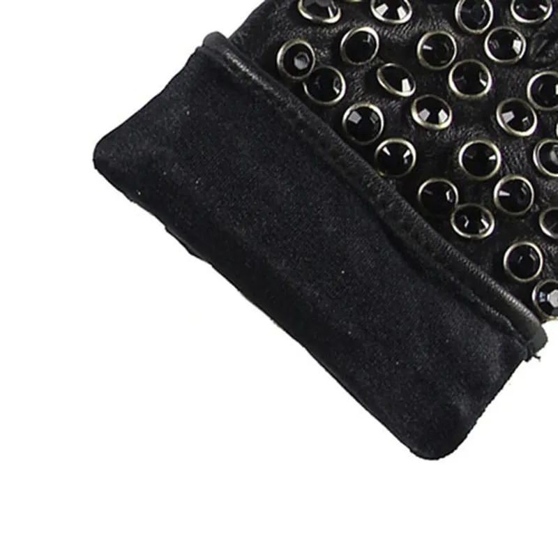 Female Spring Autumn Leather Gloves / Semi-Finger Gloves with Rhinestones in Punk style